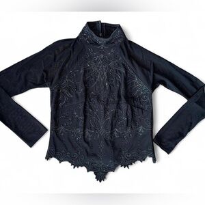 CDC Signature Collection Large Mesh Long Sleeve Turtle Neck Beaded Lace Black